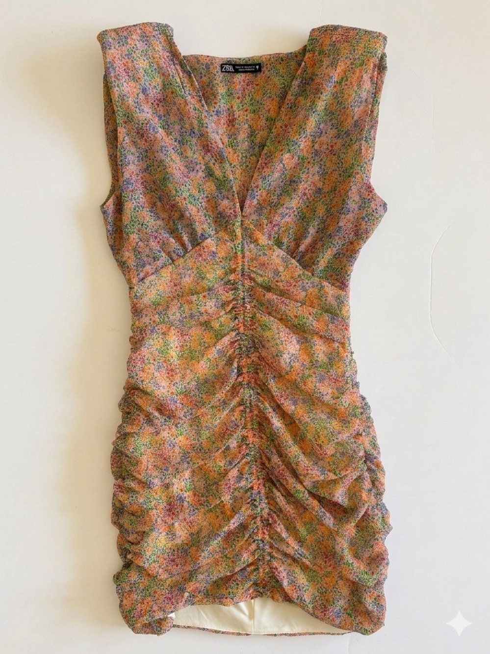Zara Ruched V‑Neck Midi Dress W/ Shoulder pads